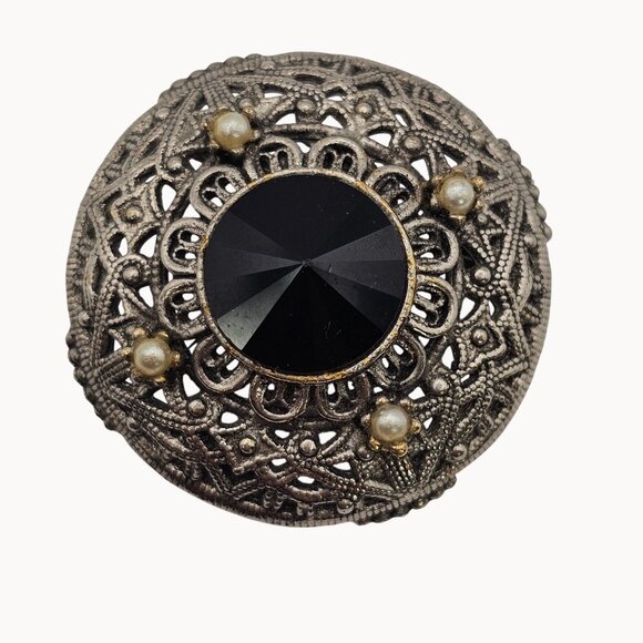 VTG Brooch Tacoa Signed Cabochon Black Rhinestone SilverTone Filigree Whimsygoth - Picture 4 of 12